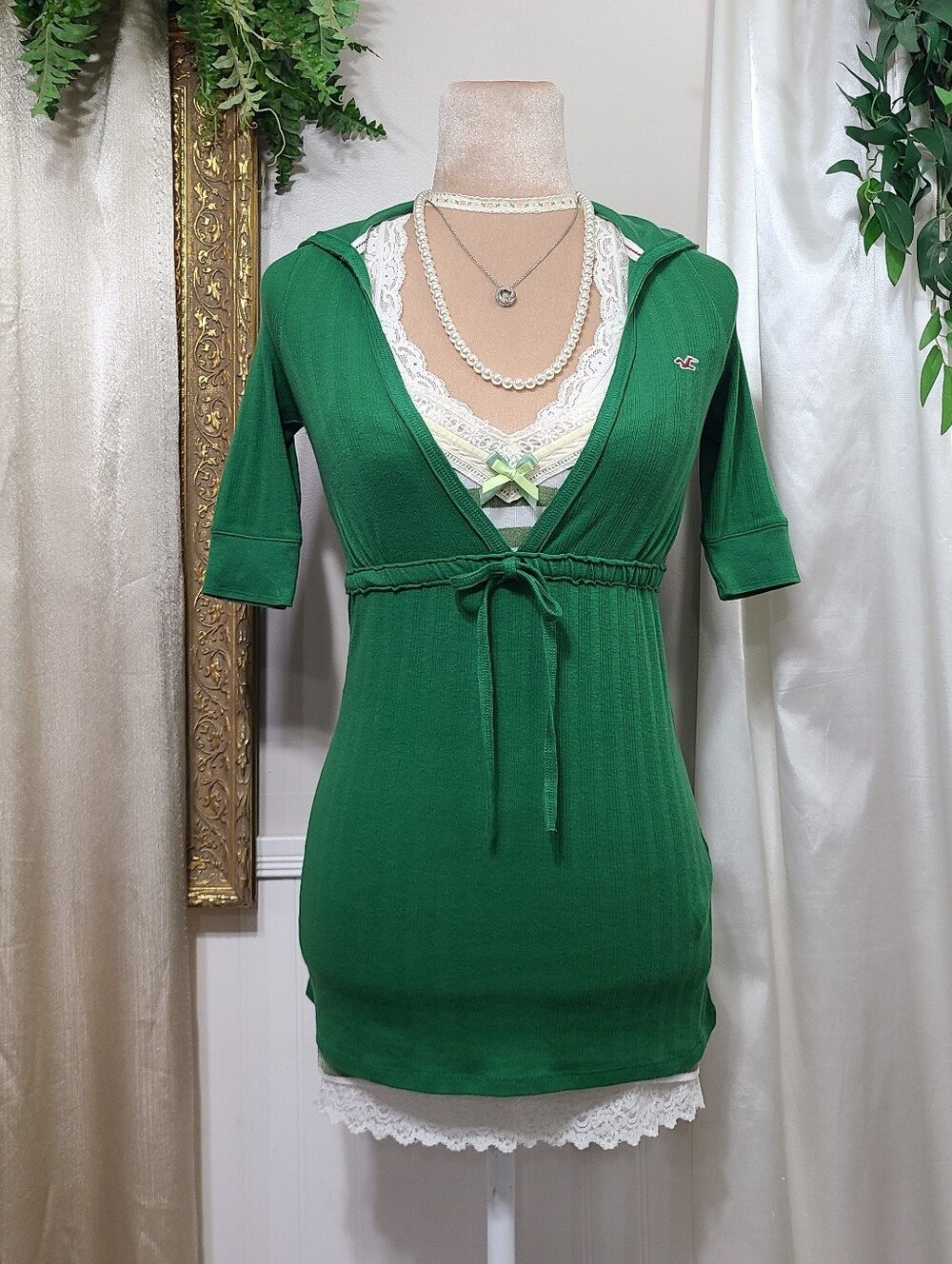♡ Y2K ♡ Hollister Green Babydoll Waist Tie Bella Swan Shirt With Hood Nwt